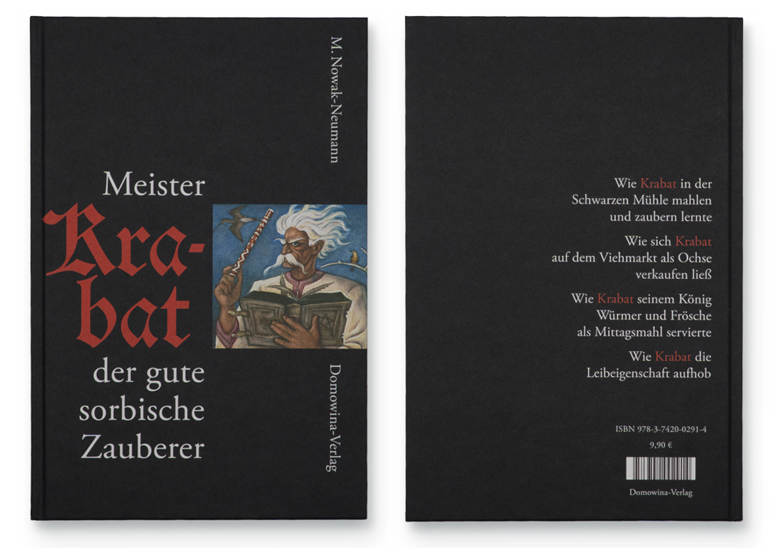 Buchcover „Meister Krabat – der gute sorbische Zauberer“, Vorder- und Rückseite