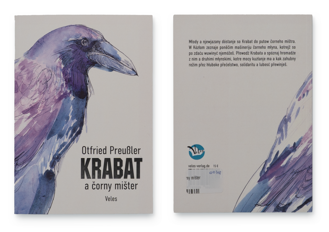Buchcover „Krabat a čorny mišter“ von Otfried Preußler, Vorder- und Rückseite