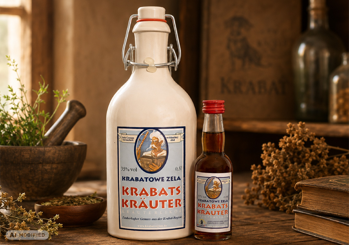 KRABATs Kräuter: Kräuterlikör in Bügelflasche und kleiner Flasche