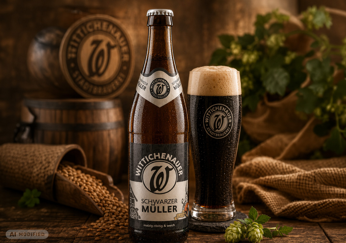 Flasche und Glas Schwarzer Müller, Schwarzbier der Stadtbrauerei Wittichenau